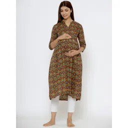 CRAFIQA  Ethnic Motifs Printed Maternity & Nursing Cotton Anarkali Kurta-picture-37