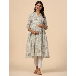 CRAFIQA Ethnic Motifs Printed Pure Cotton Maternity & Nursing Pleated Anarkali Kurta-picture-29