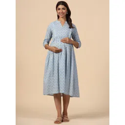 CRAFIQA Ethnic Motifs Printed Pure Cotton Maternity Fit & Flare Midi Dress-picture-35