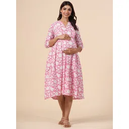 CRAFIQA Floral Printed Cotton Maternity Fit & Flare Midi Ethnic Dress-picture-13