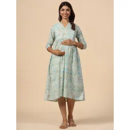 CRAFIQA Floral Printed Maternity & Nursing Pure Cotton Pleated Fit & Flare Midi Dress-picture-35