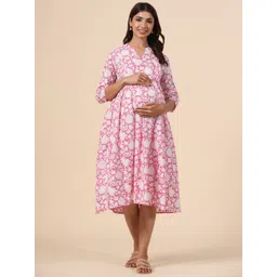 CRAFIQA Floral Printed Maternity Pure Cotton Fit & Flare Midi Dress-picture-18