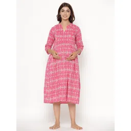 CRAFIQA Pink Printed Cotton Maternity & Nursing Pure Cotton A-Line Midi Dress image 1
