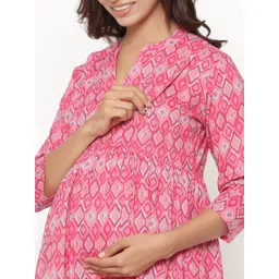 CRAFIQA Pink Printed Cotton Maternity & Nursing Pure Cotton A-Line Midi Dress image 2