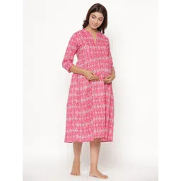 CRAFIQA Pink Printed Cotton Maternity & Nursing Pure Cotton A-Line Midi Dress image 3