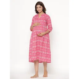 CRAFIQA Pink Printed Cotton Maternity & Nursing Pure Cotton A-Line Midi Dress image 4