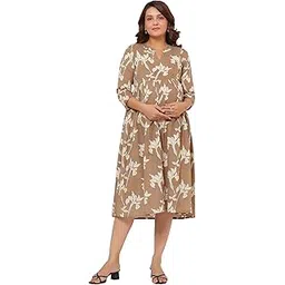crafiqa Pre & Post Maternity/Nursing Wear Hand Printed Kurta Cum Midi Dress/Nighty with Both Sides Zipper Easy Feeding to Be Moms & Nursing Mothers Cotton Latte Leaf-picture-50
