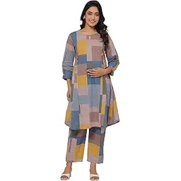 crafiqa Pre & Post Maternity/Nursing Wear Hand Printed Night Suits/Dress Co-ord Set with Both Sides Zipper for Easy Feeding for to Be Moms & Nursing Mothers Pure Cotton Ocean Blue-picture-48