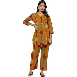 crafiqa Pre & Post Maternity/Nursing Wear Hand Printed Night Suits/Night Dress Co-ord Set with Both Sides Zipper for Easy Feeding for to Be Moms & Nursing Mothers Pure Cotton Harvest Gold-picture-48