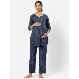 CRAFIQA Women Blue Printed Pure Cotton Maternity & Nursing Night Suit-picture-14
