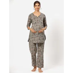 CRAFIQA Women Grey & Green Printed Pure Cotton Maternity & Nursing Night Suit-picture-16