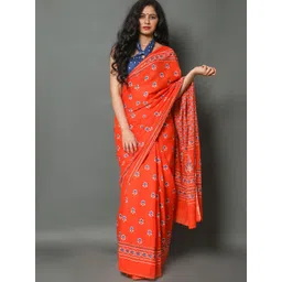 Craft Musium Floral Printed Pure Cotton Block Print Saree With Blouse Piece-picture-17