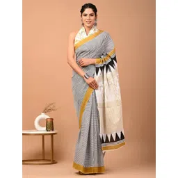 Craft Musium Geometric Pure Cotton Block Print Saree With Blouse-picture-0
