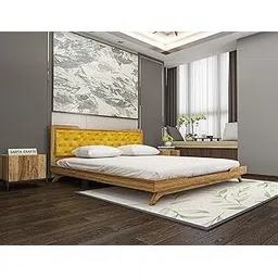 Craft Solid Sheesham Wood Low Height Queen Size Bed Without Storage | Wooden Double Bed | Low Floor/Lying/Rise/Level/Profile Cot with Cushioned Headboard | Brown Finish & Yellow Cushion-picture-16