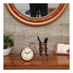 craft tree Metal Handpainted Decorative Cycle Pen Stand Showpiece With Clock in Golden Finish-picture-34
