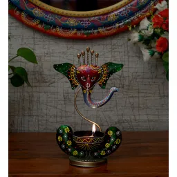 craft tree Metal Handpainted Decorative Ganesh Tea Light Showpiece in Multicolor-picture-30