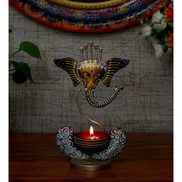 craft tree Metal Handpainted Decorative Ganesh Tea Light Showpiece in Multicolor-picture-31
