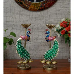 craft tree Metal Handpainted Decorative Peacock Tea Light Set of 2 Showpiece in Multicolor-picture-24