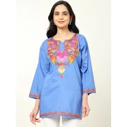 CRAFTBAZAR Floral Embroidered Notched Pure Cotton Straight Kurti-picture-16