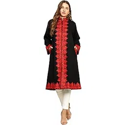 craftbazar Women's Kashmiri Embroidered Woolen Black Red Border Long Coat-picture-27