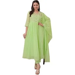 craftosea enterprises Women's Cotton Embroidered Anarkali Kurti with Pant and Dupatta Set-picture-26