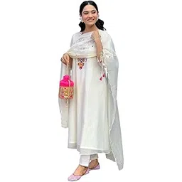 craftosea enterprises Women's Cotton Mirror Work Embroidered Straight Kurti with Pant and Dupatta Set-picture-39