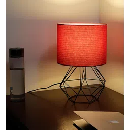 craftter Geometric Shaped Black Base Metal Bedside Night Lamp with Red Cotton Shade-picture-27