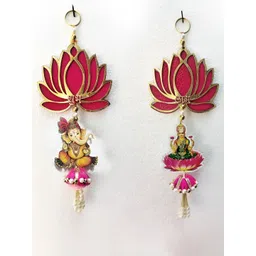 CraftVatika Pink & Yellow 2 Pieces Wooden Laxmi Ganesha Shubh Labh Lotus Latkan Torans-picture-23