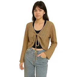 CRAMPLE®Knit Cropped Cardigan with Front Tie, Long Sleeve Open Front Sweater in Crochet Pattern-picture-27