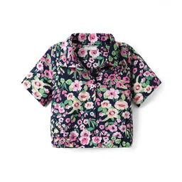 CrayonFlakes Cotton Woven Half Sleeves Floral Printed Shirt Style Crop Top - Navy Blue & Pink-picture-20