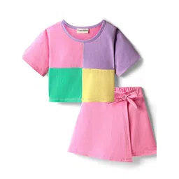 CrayonFlakes Girls Colourblocked Short Sleeves Pure Cotton T-shirt With SKorts-picture-47