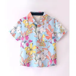 CrayonFlakes Half Sleeves Floral Printed Rayon Shirt - Blue-picture-15