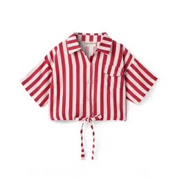 CrayonFlakes Rayon Half Sleeves Striped Crop Shirt Style Top - Red-picture-19