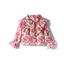 CrayonFlakes Rayon Woven Full Peasant Sleeves Floral Printed Frill Detailed Top - Off White-picture-16