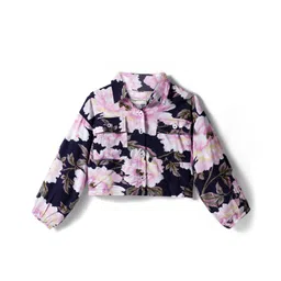 CrayonFlakes Rayon Woven Full Puffed Sleeves Floral Printed Shirt Style Crop Top - Black-picture-19