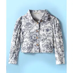 CrayonFlakes Rayon Woven Full Puffed Sleeves Floral Printed Shirt Style Crop Top - Off White-picture-23