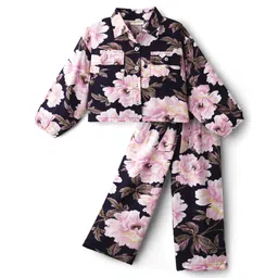 CrayonFlakes Rayon Woven Full Sleeves Floral Printed Shirt Style Crop Top & Coordinating Belted Palazzo Set - Navy Blue-picture-32