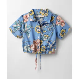 CrayonFlakes Rayon Woven Half Sleeves Floral Printed Shirt Style Crop Top - Blue-picture-35