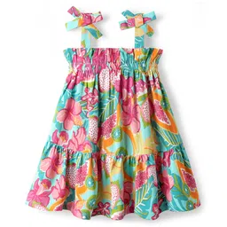 CrayonFlakes Rayon Woven Sleeveless Floral Printed A Line Dress - Green & Pink-picture-20