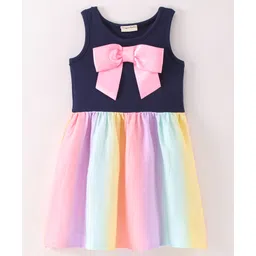 CrayonFlakes Unicorn Theme Sleeveless Bow Emebllished Bodice With Striped Patterned Colour Gradient Tie & Dyed Fit & Flare Dress - Blue-picture-11