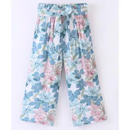 CrayonFlakes Water Colour Effect Floral Printed Belted Palazzo - Off White & Blue-picture-16