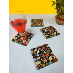 Crayton Multicolor Wooden Floral Printed Square Coasters - Set of 4-picture-36