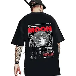 crazybee Oversize Tshirt for Men Black Cotton Half Sleeve Stylish Back Printed Trendy Down Shoulder Baggy fit Casual Summer Print wear | MoonNasa-picture-32