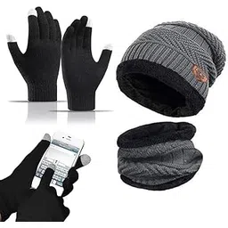 creative panther Unisex 3 in 1 Winter Wool Blend Accessories Set Knitted Beanie Hat Fleece Lined Neck Warmer & Touchscreen Gloves Outdoor Use-picture-32