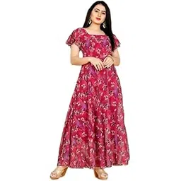 creative sala & banevi Flower Digital Printed One Piece Long Kurti Gown for Women | Georgette Fabric with Heavy American Crepe Lining | Square Neck & Stylish Short Sleeves-picture-27