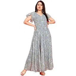 creative sala & banevi Women's Floral Print Long Georgette Kurti Gown with V-Neck and Flared Short Sleeves-picture-25