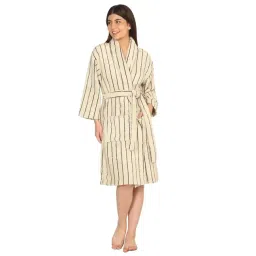 Creeva Beige Black Stripes Cotton Classic Bathrobe (Small)-picture-47