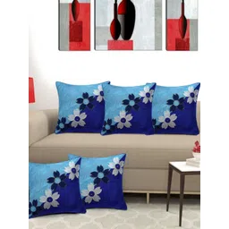 Creeva Blue & White 5 Pieces Floral Embroided Silk Square Cushion Covers-picture-10