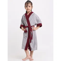 Creeva Kids Grey & Maroon Cotton Hooded Bath Robe-picture-36