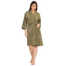 Creeva Olive Green Cotton Classic Bathrobe (Large)-picture-22